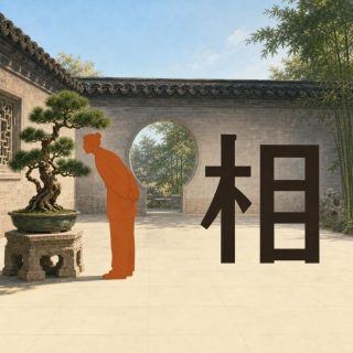 A sunlit paved courtyard: a grey brick wall with tiled coping at the back, pierced by a round moon gate showing trees beyond, bamboo at the right, a lattice window at the far left. A small pine sits in a green glazed basin on a carved stone stand, and a flat terracotta orange figure in a long robe, hair in a bun and hands behind the back, leans toward it. At the right stands the character 相 in near black, a narrow 木 beside an upright frame of three cells.