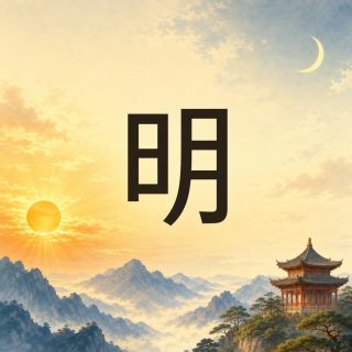 Hazy blue mountains fill the lower half of the picture under a wide cream and gold sky. An orange sun rises at the left in a fan of rays, a slim cream crescent moon hangs at the top right, and a red pavilion with upswept roofs perches on a wooded crag. Between sun and moon stands the character 明 in near black: a short frame split by one bar, then a taller frame split by two, its left side curving outward as it falls.