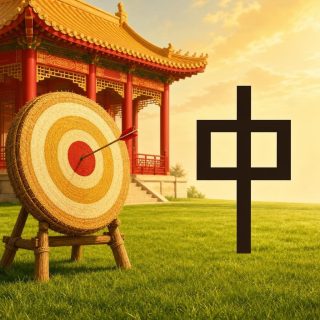 An archery ground on green lawn in front of a red and gold Chinese pavilion, under a golden sky. On the left, resting on a wooden trestle, a large round straw target with cream and yellow rings and a red centre, an arrow with red fletching planted in the red. On the right, on the grass, the character 中 in very dark brown: an empty rectangle run through the middle by an upright stem that projects above and below it.