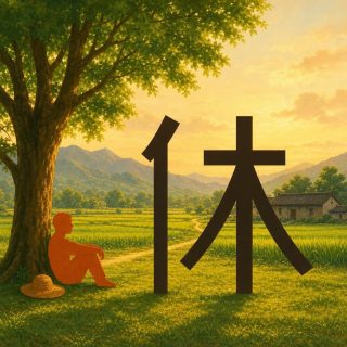 Chinese farmland in golden afternoon light: green paddy fields, a winding dirt path, blue hills and a grey tiled farmhouse at the right. Under a broad tree at the left, a flat orange figure sits in profile in the grass, knees drawn up and arms around them, a straw hat beside it. In the middle of the meadow the character 休 rises very large in deep brown, a slanted stroke on a tall upright, then a bar crossed by a stem with two long strokes spreading down.