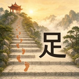 A broad staircase of pale stone climbs a green misty Chinese mountain toward a small red pavilion, between pines and rocks under a golden sun. Terracotta orange prints of bare feet march up the left half of the steps toward the pavilion. At the right, on the steps, the character 足 in deep brown: an empty rectangle above, and below it a short stem, a small stroke at its right, a slant falling to the lower left and a long stroke flattening away to the right.