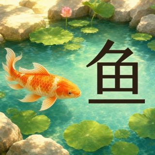 A garden pond seen from above, its water clear turquoise, strewn with round lotus pads and one pink blossom, pale boulders resting along the edges. At the left an orange and cream carp with crisp scales and trailing fins swims toward the right. At the right, over the water, sits the character 鱼 in near black: a point on top, a box of four cells in the middle, and one long detached bar underneath.