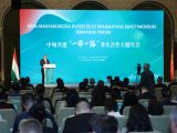 Le ministre hongrois de l'Economie Marton Nagy prend la parole lors d'une conférence sur la coopération entre la Chine et la Hongrie dans le cadre de l'Initiative la Ceinture et la Route (ICR) à Budapest