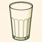 Un grand verre droit rempli de lait jusqu’au bord, dessiné à gros traits d’encre noire sur fond crème. La mousse fait un bourrelet de petites bulles à la surface ; les pans du verre sont marqués de facettes vert pâle, et un bandeau vert plus soutenu cerne le pied.