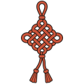 Flat drawing of a terracotta Chinese knot hanging and seen head-on: one single cord braided into a square panel of interlaced strands, a hanging loop above it, and two strands running back down below, each ending in a small tassel.