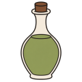 Flat drawing of a bottle of oil seen head-on: ivory glass with a bulging body, a narrow neck, a brown cork stopper, and olive-green contents filling it to the shoulder. No label.