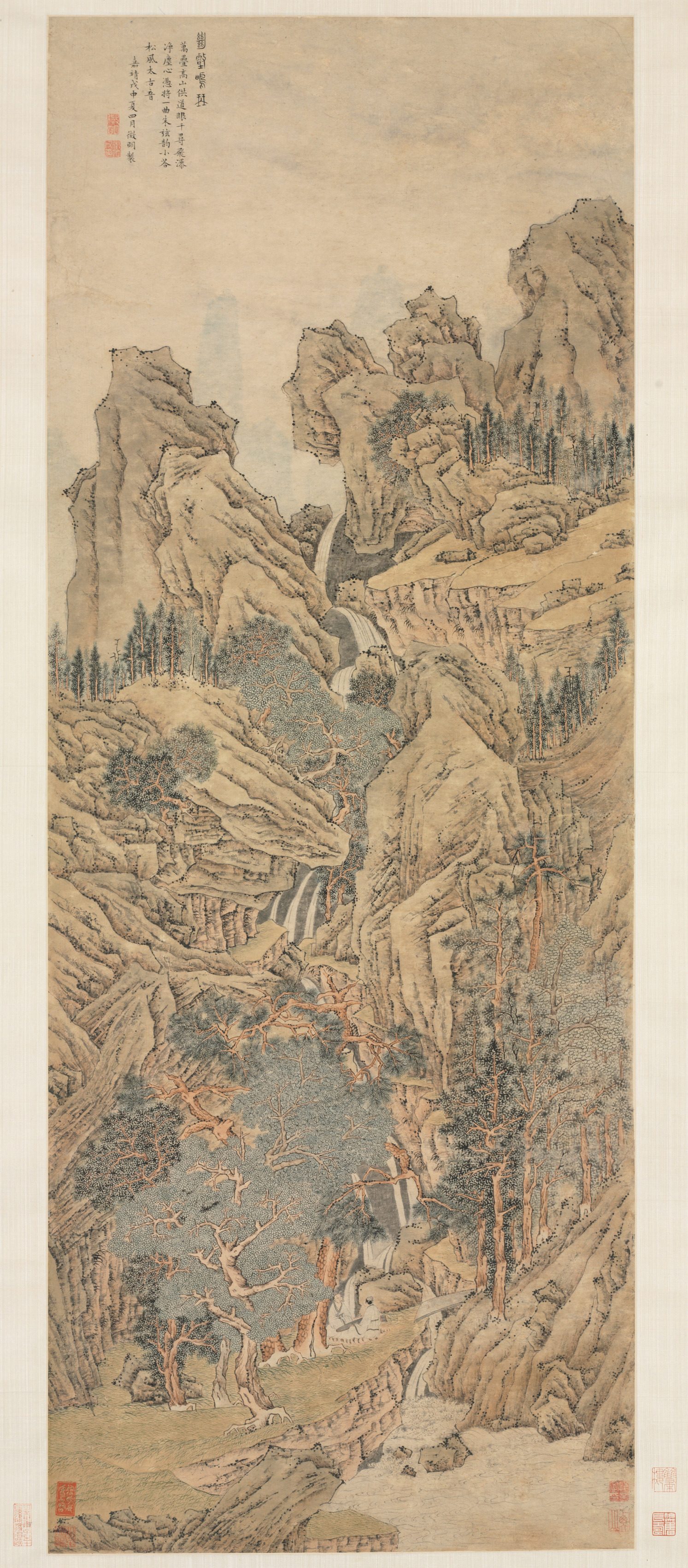 « Playing the Qin in a Secluded Valley », Wen Zhengming, rouleau suspendu, Chine, dynastie des Ming (1368–1644)