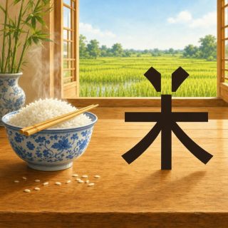 A table of pale wood stands before an open window onto green rice paddies and a blue sky. At the left, a blue and white porcelain bowl heaped with steaming white rice, a pair of bamboo chopsticks laid across it, a few grains fallen on the table, and a vase holding bamboo stems. On the table at the right, the character 米 in dark brown: two short obliques splaying at the top, a horizontal bar, an upright stem crossing it, and two obliques running down from the crossing.