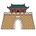 Flat drawing of a Chinese city gate seen head-on: a broad sand-coloured brick rampart whose sides splay outward towards the bottom, pierced at its centre by an arched passage with ivory voussoirs, crowned with ivory rectangular merlons, and topped by a terracotta gate house of three bays under a teal tiled roof whose eaves turn up at the corners. Above the arch, an ivory panel bare of any inscription.
