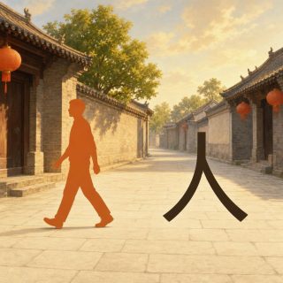 A paved Chinese lane runs between grey brick walls with dark tiled roofs and hanging red lanterns, under a golden sky. On the left, a flat terracotta orange silhouette of a man walks in profile across the flagstones, one leg forward and one behind. On the right, on the same paving and at the same height, the character 人 in very dark brown: one stroke falls from the top then curves down to the left, and a second leaves its side, a quarter lower, and runs down to the right.