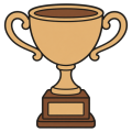 Flat drawing of a trophy cup seen head-on: a sand-coloured bowl showing its brown inside, two curled handles, a baluster stem, and a brown base carrying a completely blank sand-coloured plaque.