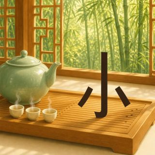 On a pale wooden tea tray, in front of an open lattice window looking onto a bamboo grove, a large round celadon green teapot stands with three small cream cups beside it, steam rising from each. At the right, on the same tray, the character 小 in very dark brown: an upright stem ending in a hook to the left, with two short slanting strokes set well clear of it, one on either side.