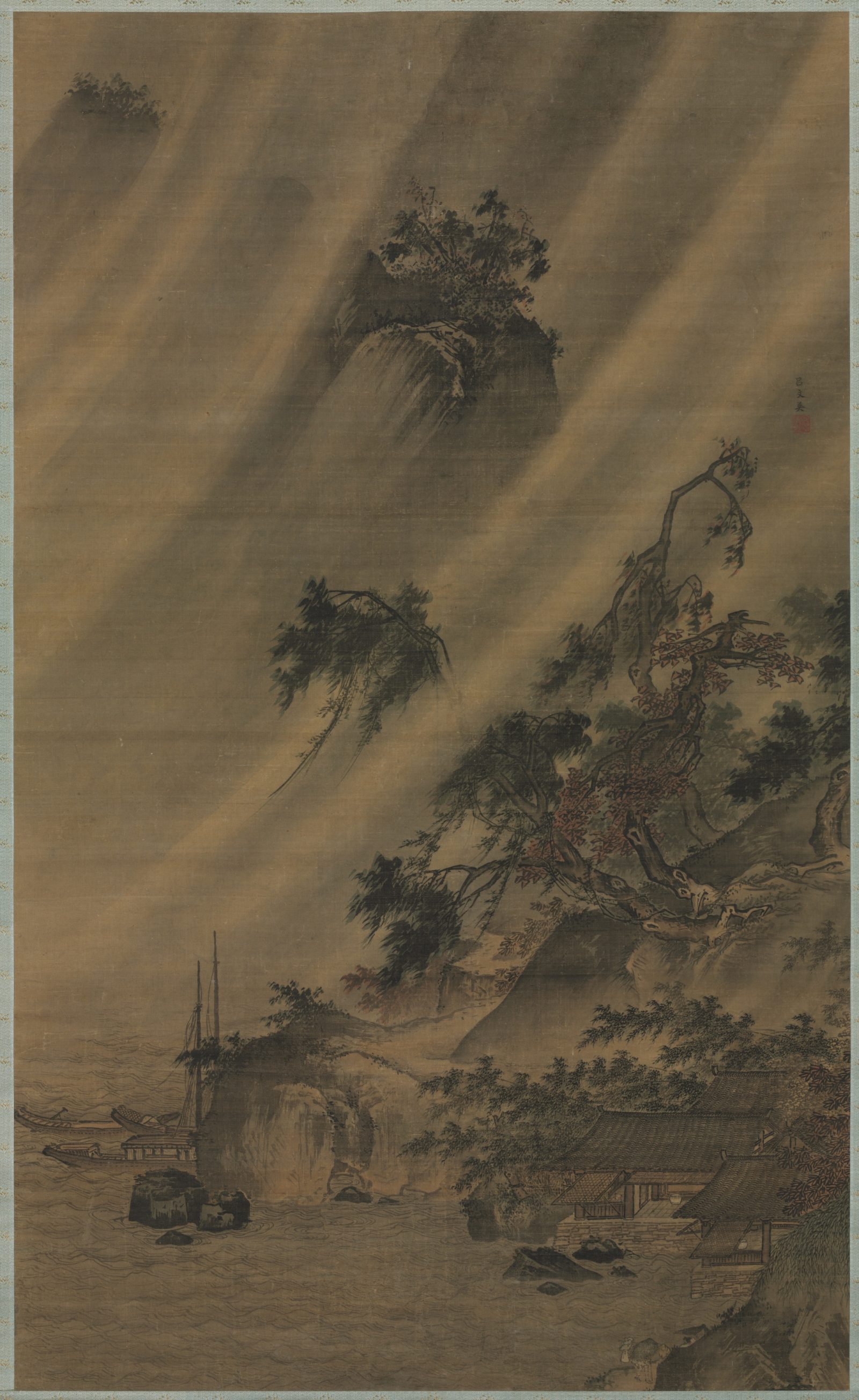 « River Village in a Rainstorm », Lu Wenying, rouleau suspendu, Chine, dynastie des Ming (1368–1644)