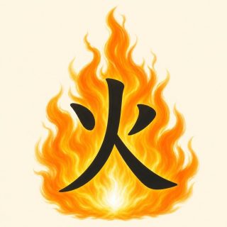 Sur fond crème, le caractère 火 en noir, ses deux petits traits obliques bien détachés de part et d’autre, devant une haute flamme orange et jaune dont le cœur, à la base, est blanc.