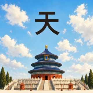 The Temple of Heaven in Beijing under a wide blue sky full of white clouds: the round hall with its three tiers of deep blue tiled roof and gold finial, its red walls, its white marble terraces and balustraded stairways, cypresses to either side. High in the sky, well above the roof, the character 天 in very dark brown: a short bar on top, a longer bar below it, joined by a short vertical, and two strokes falling from that vertical, one to the left and one to the right.