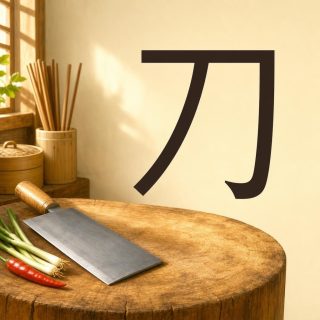 In a Chinese kitchen, a cleaver with a broad rectangular steel blade and a pale wooden handle lies flat on a round wooden block, with spring onions and a red chilli beside it. Behind, bamboo steamer baskets and a jar of chopsticks stand by a window. High on the cream wall at the right, the character 刀 in very dark brown: a stroke runs along the top, turns down the right side and ends in a small hook, and a slanting stroke sweeps from it to the lower left.