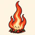 Une grande flamme dressée, à trois langues rouges et orangées cernées d’un trait noir épais, dont le cœur crème porte un petit visage souriant. Elle s’élève d’un tas de braises rouges et de bûchettes vertes.