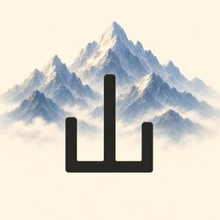 Sur fond crème, le caractère 山 en noir mat, très épais, au premier plan. Derrière lui, une chaine de montagnes bleu-gris aux sommets enneigés, dont le pic central est le plus haut, avec une nappe de brume blanche à leur pied.