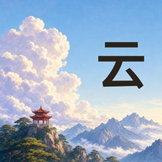 A pale blue sky rises above steep Chinese mountains veiled in mist, with a red pavilion under tiered upturned roofs perched on a wooded crag at the lower left. On the left a huge cumulus billows upward in white and pale lilac, lit from behind. On the right, in the open sky, the character 云 in dark brown: a short bar, a longer bar beneath it, and below them a stroke that drops to the left, turns and runs back to the right, with a short diagonal in its hollow.