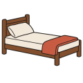 Flat drawing of a bed seen from the side at a slight angle: a brown frame and headboard, an ivory mattress and pillow, and a terracotta cover folded across the foot.