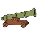Flat drawing of a cannon seen from the side, its muzzle raised to the upper right: a long olive-green barrel with three raised rings, flaring at the mouth whose black bore shows, resting on a low, heavy reddish-brown wooden carriage that sits close to the ground on four small solid wheels. Nothing is engraved on the barrel; no smoke, no cannonball, no gun crew.