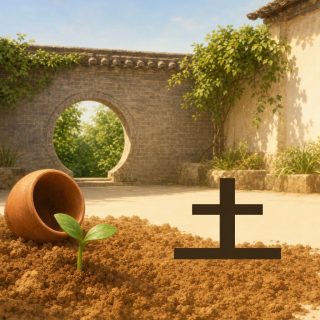 A village courtyard under a blue sky: a grey brick wall pierced by a round moon gate, ivy along the coping, and a tree spilling over a pale wall. The whole lower half is a bed of ochre earth in loose clods, where a young green seedling with two leaves has come up beside a terracotta pot lying on its side. At the right, planted in the earth, the character 土 in very dark brown: a short bar, an upright rising through it, and a longer bar along the bottom.