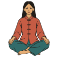 Flat drawing of an adult woman sitting cross-legged, seen from the front: long straight black hair, a sand-coloured face, a terracotta Chinese jacket with a stand collar and five frog fastenings, teal trousers, bare feet crossed in front of her and her hands resting on her knees. No chair, no cushion, no ground.