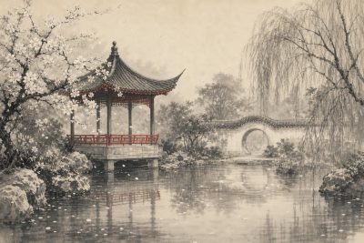 Lavis à l’encre : un pavillon de jardin aux balustrades laquées de rouge au bord d’un étang, un arbre en fleurs dont les pétales tombent sur l’eau, un saule pleureur et un pont en dos d’âne dans la brume.
