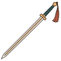 Flat drawing of a straight sword lying diagonally: an ivory blade with a sand-coloured fuller, its point running down to the bottom left corner, a sand-coloured guard and pommel, a grip wrapped in teal, and a terracotta tassel hanging from the pommel.