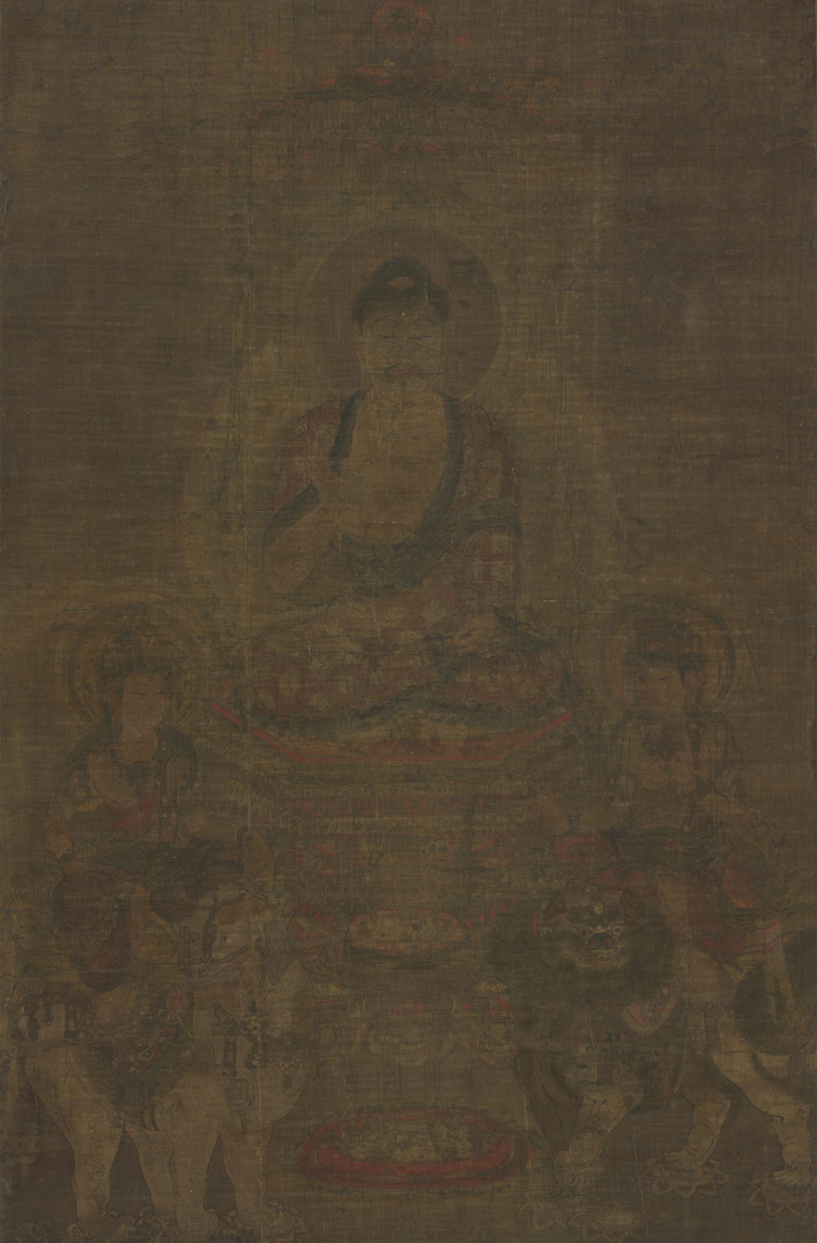 « Shakyamuni Triad: Buddha Attended by Manjushri and Samantabhadra », rouleau suspendu, Chine, dynastie des Tang (618-907)