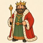 Un roi barbu debout de face, couronne d’or sur la tête, grand manteau rouge doublé d’hermine sur une tunique verte. Il porte un collier d’or à médaillon, une ceinture à boucle ronde, et tient un sceptre doré dans la main droite.
