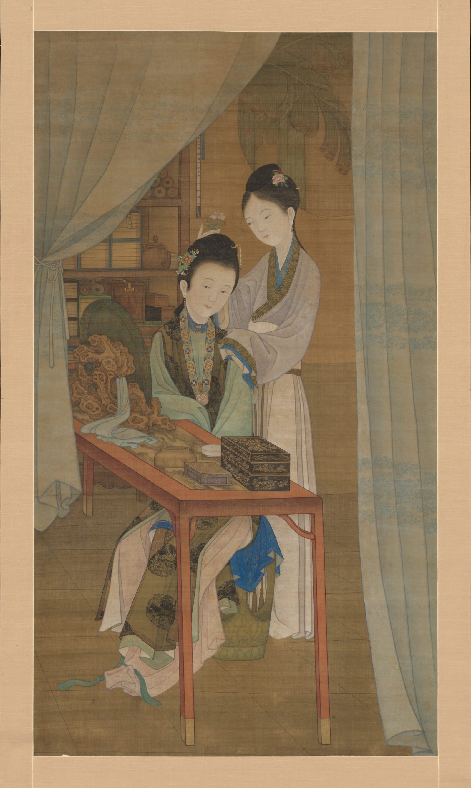 « Woman at her dressing table », Attribué à Leng Mei, rouleau suspendu, Chine, dynastie des Qing (1644–1911)