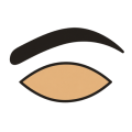 Flat drawing of an eyebrow: a broad BLACK arch, thick on the left and tapering to the right, with a closed almond-shaped sand-coloured lid below it. No lashes, no pupil, no face.