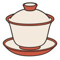 Flat drawing of a gaiwan, the Chinese lidded tea cup, seen from a three-quarter view: an ivory handleless cup banded with terracotta, a domed ivory lid with a terracotta knob resting on it, and a round ivory saucer edged with terracotta beneath.