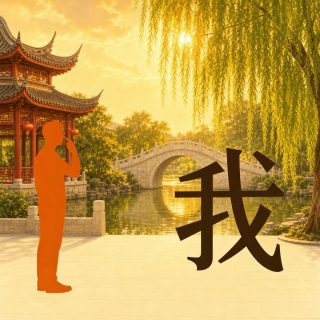 A Chinese park in golden evening light: a red pavilion hung with lanterns, a weeping willow whose branches fall across the low sun, an arched stone bridge and the still water of a canal. At the left, in profile on the paving, a flat bright orange figure raises a hand and touches the tip of its own nose. At the right the character 我 in black, a barred stem hooked at the left, then a long curving stroke rising into a hook, crossed by a slant, a detached dot above.