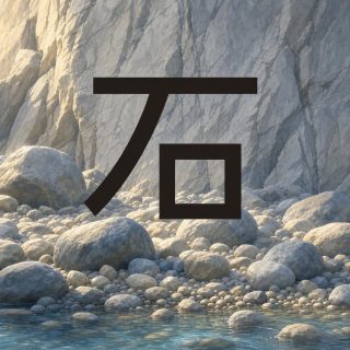 A pale grey rock face fills the upper half of the picture. Below it round boulders in grey and beige pile up, growing smaller toward the front, and the clear water of a river laps in at the very bottom. Against the rock stands the character 石 in dark brown: a horizontal bar at the top, a stroke slanting down to the left, and a small empty square tucked under the right part of the bar.