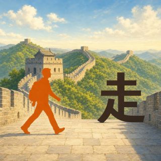 The Great Wall winds over green hills to the horizon, with a square watchtower and a blue cloudy sky, its paved walkway in the foreground. At the left a flat bright orange figure strides to the right in mid step, a pack on the back, one leg forward and one behind. On the same paving at the right, the character 走 in deep brown, the shape of 土 above, and below a short stem, a slant to the lower left and a long stroke flattening to the right.