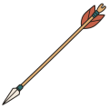 Flat drawing of an arrow lying diagonally: a sand-coloured shaft, a triangular ivory head at the lower left held by a teal collar, and at the other end terracotta fletching bound with teal and a sand-coloured nock.
