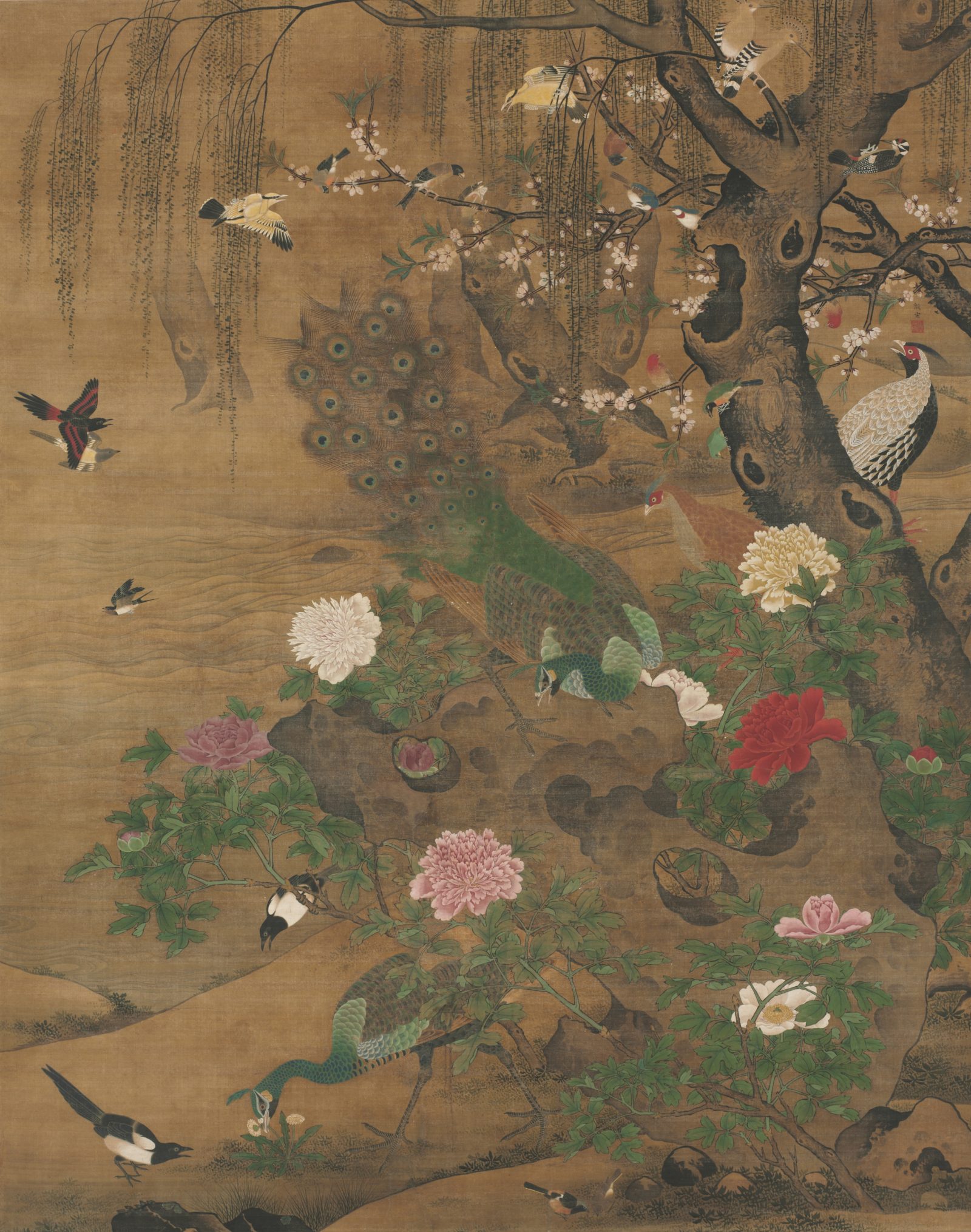 « Birds Gather under the Spring Willow », Yin Hong, rouleau suspendu, Chine, dynastie des Ming (1368–1644)
