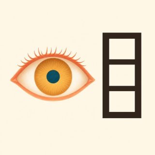 On a cream ground, a large eye is drawn flat and seen head on at the left: a coral outline, cream white, a golden amber iris streaked with fine rays, a deep teal pupil, and coral lashes along the upper lid. At the right stands the character 目 in dark brown: an upright rectangle, taller than it is wide, divided into three cells by two inner bars.