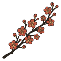 Flat drawing of a plum branch in blossom, set along the diagonal of the square: a bare dark brown twig rising from left to right, some fifteen terracotta five-petalled flowers whose centres are strewn with sand-coloured stamens, and a few round buds still closed. No leaf, no vase, no ground.
