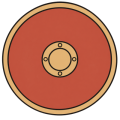 Flat drawing of a round shield seen head-on: a broad terracotta disc edged with a sand-coloured rim, and at the centre a round sand-coloured boss ringed by a band carrying three small rivets.