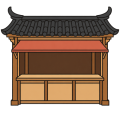 Flat drawing of a Chinese shop front seen head-on: a very dark grey tiled roof whose eaves turn up to a point at both corners, a completely blank terracotta awning band beneath it, and an OPEN front — no door, no window — whose inside stays in brown shadow. A sand-coloured wooden counter, divided into three panels, runs the whole width; the posts and framing are reddish brown. No sign, no writing, no goods and no people.