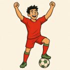 Un footballeur en maillot et short rouges, chaussettes rouges à bande verte et crampons verts, les deux poings levés et la bouche ouverte. Il pose un pied sur un ballon vert et crème.