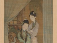 « Woman at her dressing table », Attribué à Leng Mei, rouleau suspendu, Chine, dynastie des Qing (1644–1911)