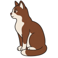 Flat drawing of a cat sitting in profile, facing left: triangular ears, a brown back and head, an ivory chest, belly and paws, and a long tail curled around the front paws.