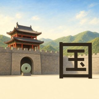 A grey stone rampart crosses the image under a pale blue sky, wooded hills behind it, a two storey gate tower with dark tiled roofs on vermilion posts above its arch. Under the arch, on a carved stone base, stands a pale green jade disc pierced by a round hole. At the right, on the cream ground, the character 国 in near black: a closed square enclosure, its uprights dropping below like feet, holding three bars on a stem, the lowest longest, with a small slanted dot at the right.