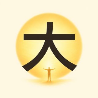 Sur fond crème, le caractère 大 en brun très foncé, posé devant un grand disque jaune de soleil. Sous le caractère, minuscule et jaune pâle, la silhouette d’une personne debout, les deux bras tendus à l’horizontale.