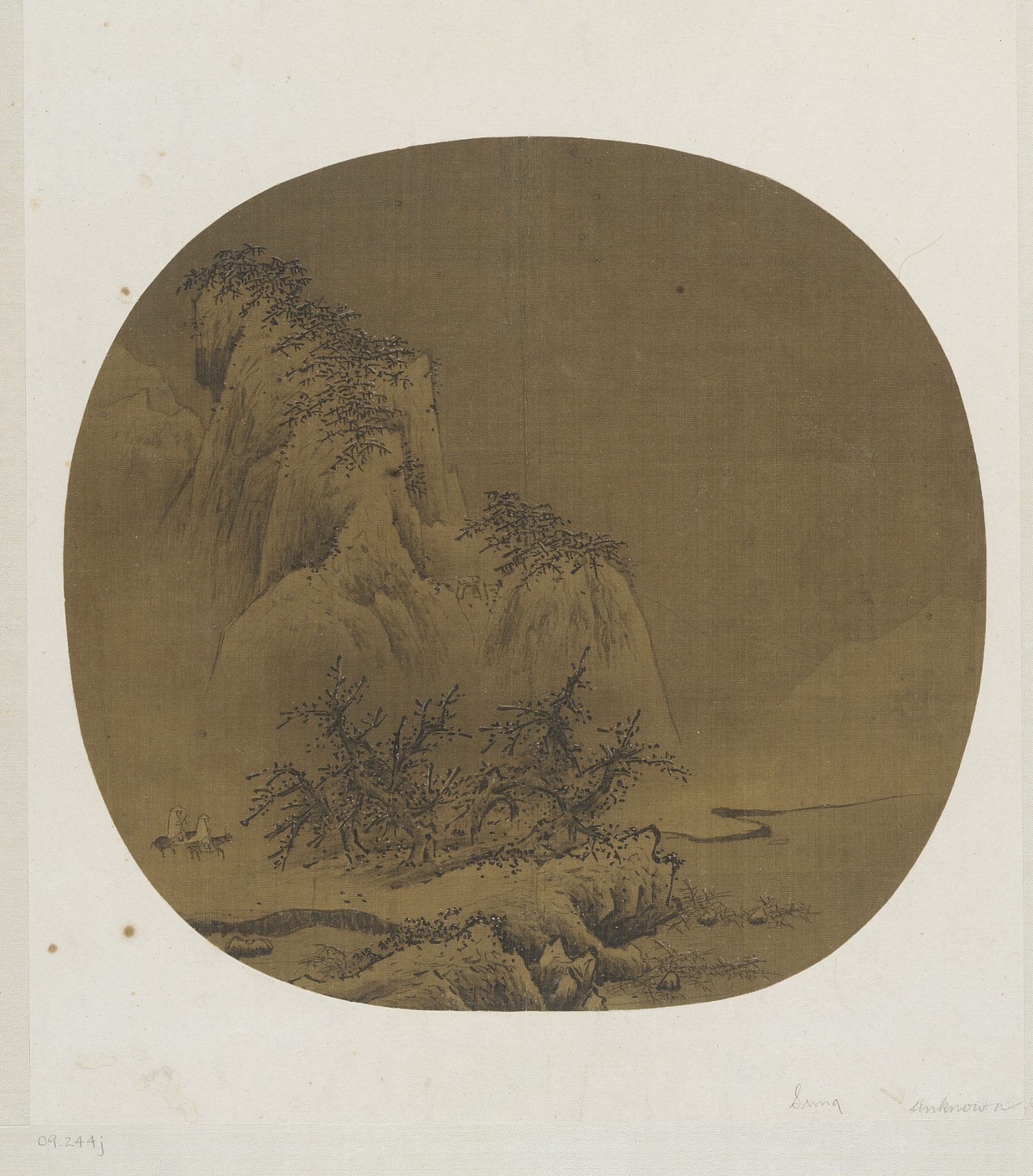 « Travelers in snowy mountains 雪山行旅圖 », Entourage de Liang Kai 梁楷 (late 12th-early 13th century), feuille d’album, dynastie des Song du Sud