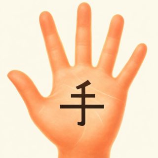 On a cream ground, a large open hand is drawn flat in coral orange, palm turned to the viewer, its five fingers spread and raised, with a few pale lines for the creases. Across the palm sits the character 手 in dark brown: a short oblique hooked onto the top of the stem, two bars crossing it of which the lower is much longer, and a stem that ends in a hook to the left.